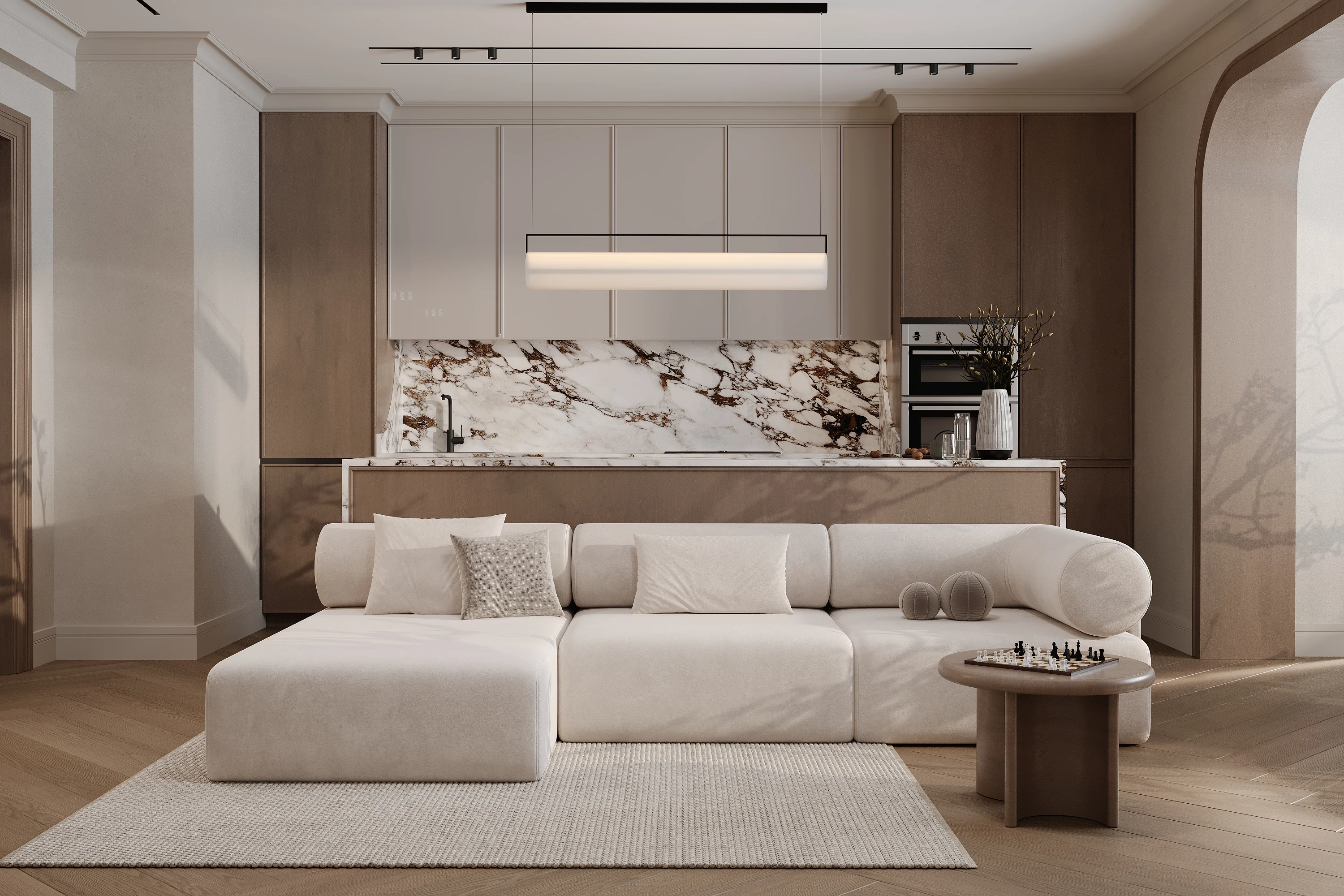 Living contemporan cu bucătărie integrată, finisaje calde și mobilier personalizat